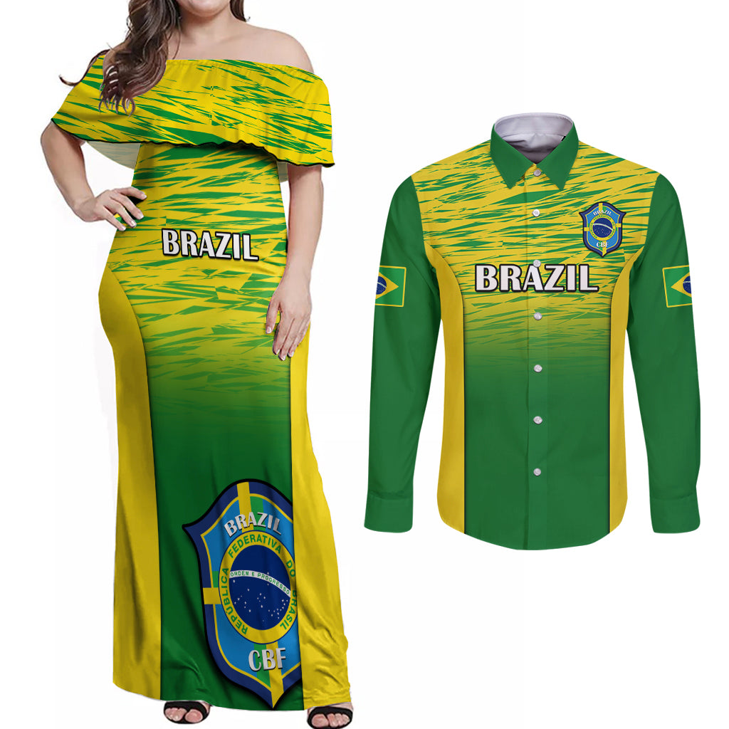 Brazil Football Couples Matching Off Shoulder Maxi Dress and Long Sleeve Button Shirts 2023 World Cup Go Selecao Gradient Style - Wonder Print Shop