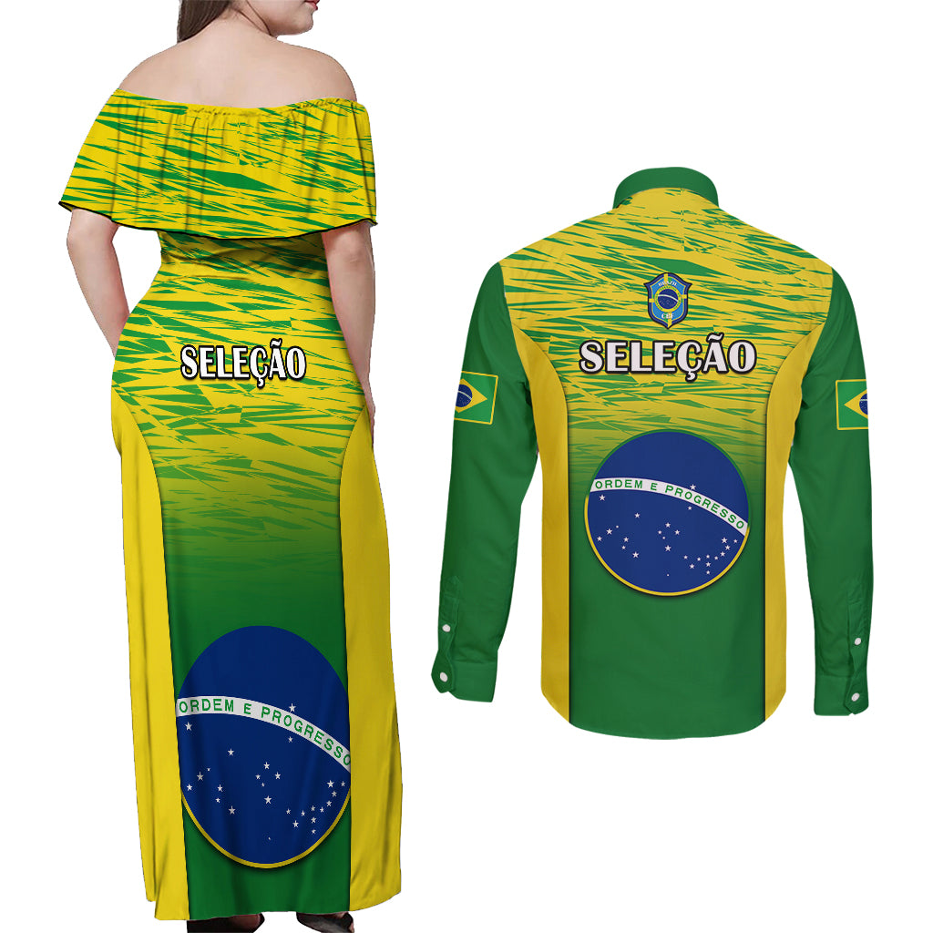 Back view matching set: off-shoulder maxi dress and button shirt with SELECAO text