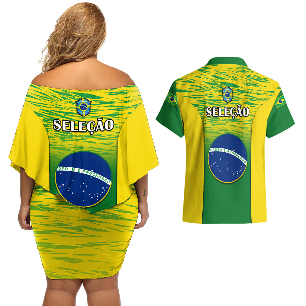 Brazil matching off-shoulder dress and Hawaiian shirt with Brazil flag print