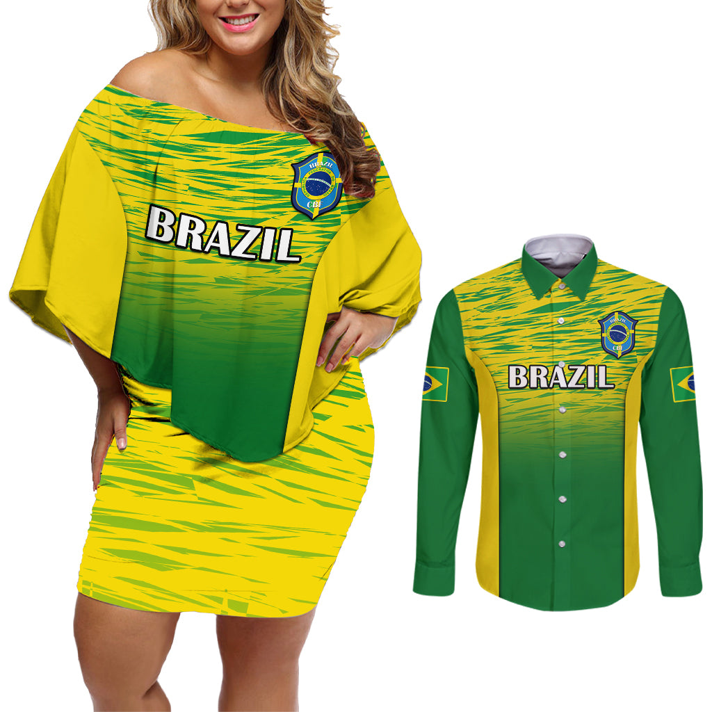 Brazil Football Couples Matching Off Shoulder Short Dress and Long Sleeve Button Shirts 2023 World Cup Go Selecao Gradient Style - Wonder Print Shop