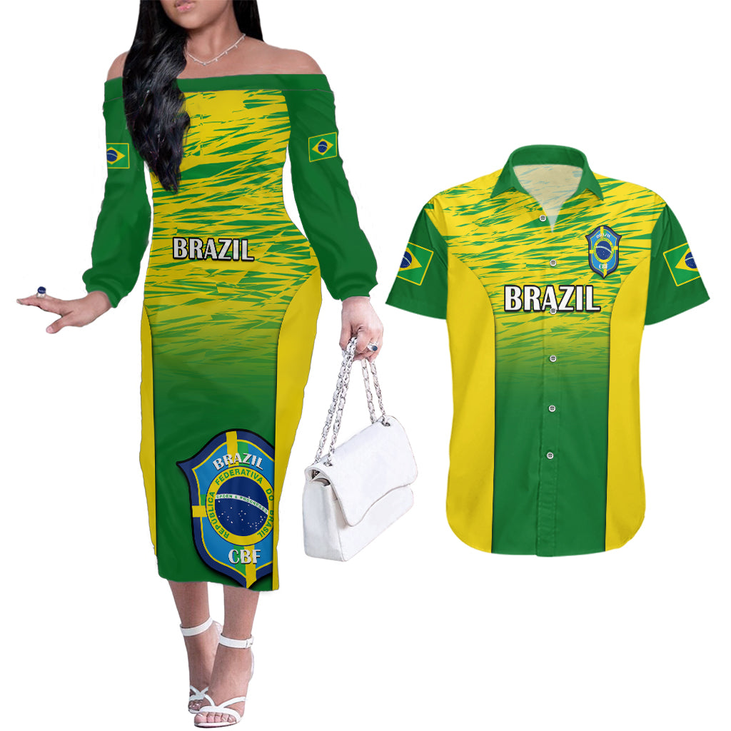 Brazil Football Couples Matching Off The Shoulder Long Sleeve Dress and Hawaiian Shirt 2023 World Cup Go Selecao Gradient Style - Wonder Print Shop