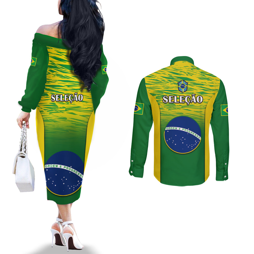 Matching couples gradient dress and button set: off-shoulder dress back, green/yellow; shirt back
