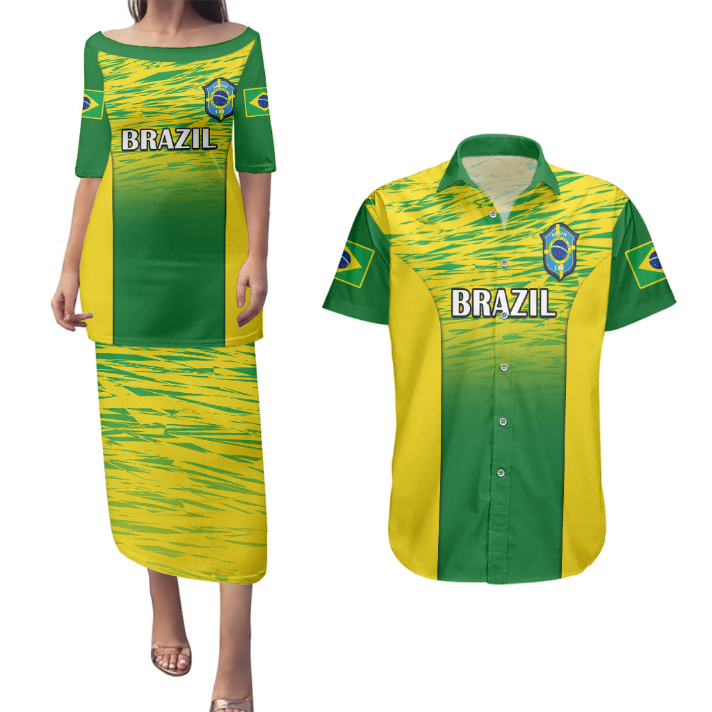 Brazil Football Couples Matching Puletasi Dress and Hawaiian Shirt 2023 World Cup Go Selecao Gradient Style - Wonder Print Shop