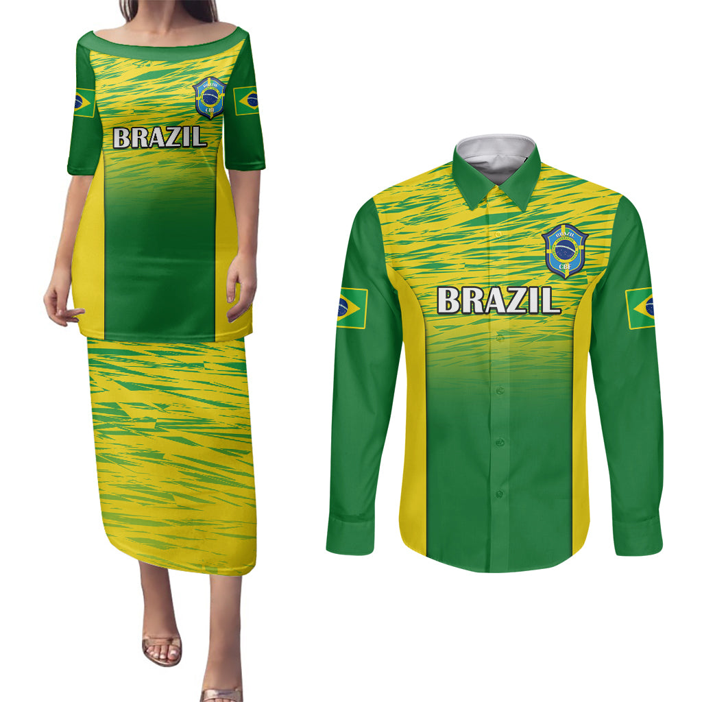 Brazil Football Couples Matching Puletasi Dress and Long Sleeve Button Shirts 2023 World Cup Go Selecao Gradient Style - Wonder Print Shop