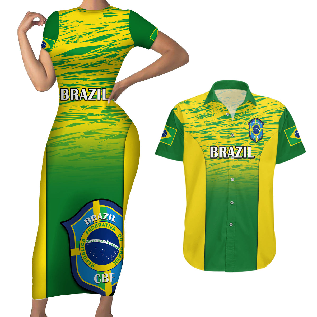 Brazil Football Couples Matching Short Sleeve Bodycon Dress and Hawaiian Shirt 2023 World Cup Go Selecao Gradient Style - Wonder Print Shop