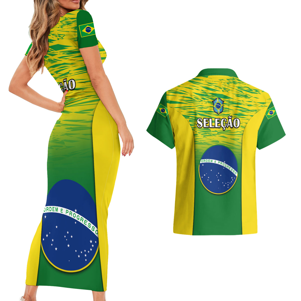 Brazil matching bodycon dress and Hawaiian shirt in green and yellow Brazil flag print
