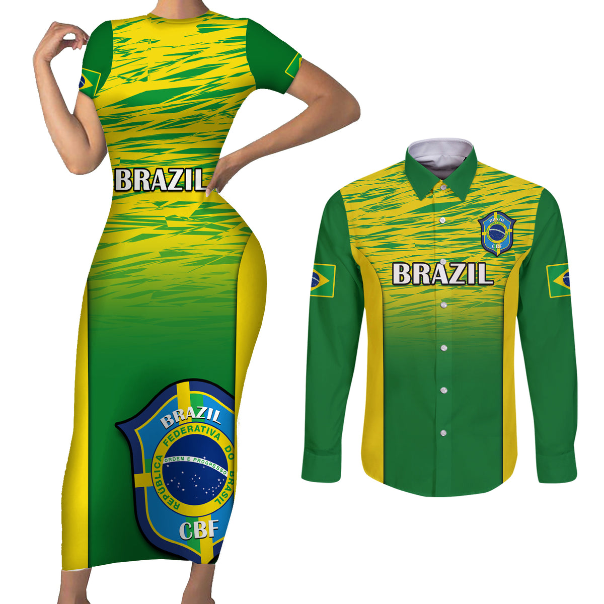 Brazil Football Couples Matching Short Sleeve Bodycon Dress and Long Sleeve Button Shirts 2023 World Cup Go Selecao Gradient Style - Wonder Print Shop