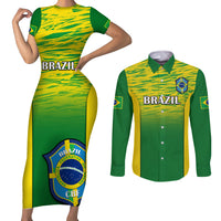 Brazil Football Couples Matching Short Sleeve Bodycon Dress and Long Sleeve Button Shirts 2023 World Cup Go Selecao Gradient Style - Wonder Print Shop