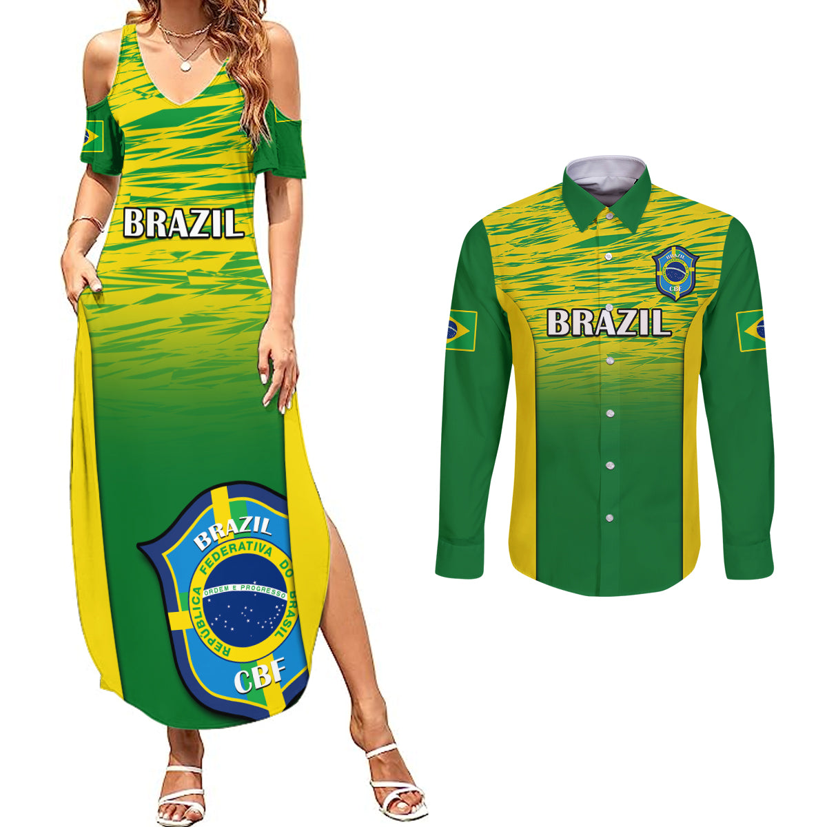 Brazil Football Couples Matching Summer Maxi Dress and Long Sleeve Button Shirts 2023 World Cup Go Selecao Gradient Style - Wonder Print Shop
