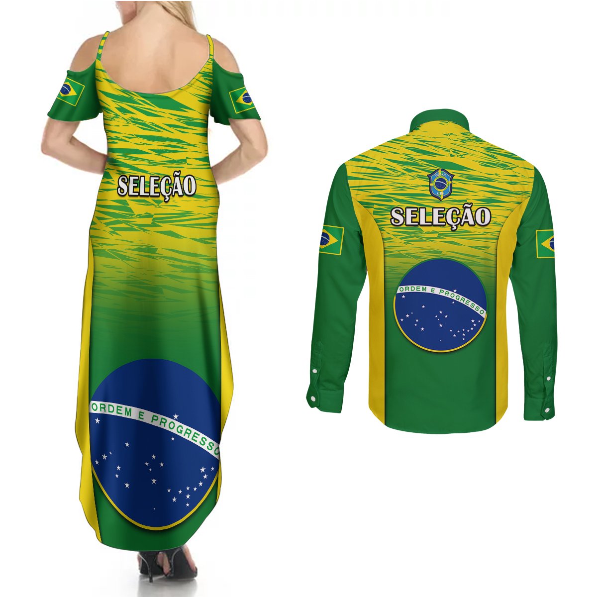 Brazil matching maxi dress and long-sleeve button shirt with green-yellow Selecão print