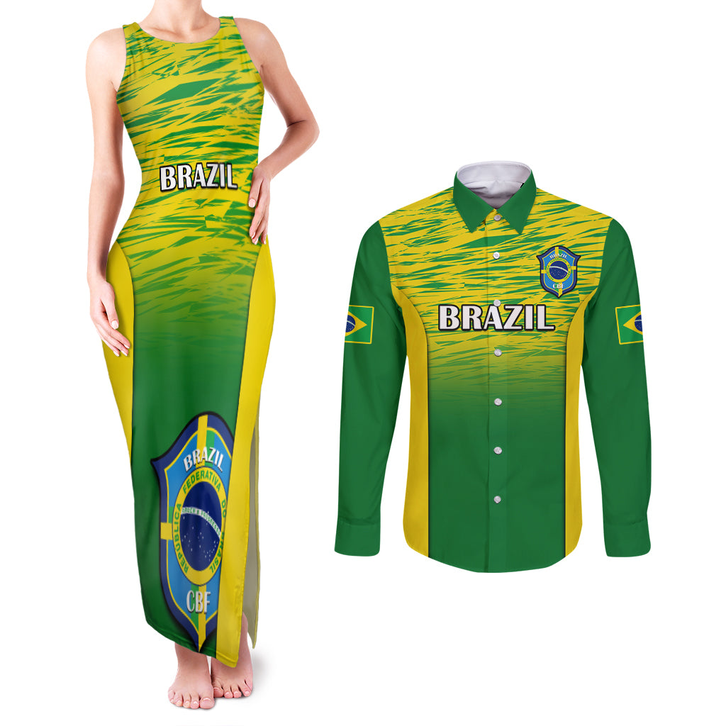 Brazil Football Couples Matching Tank Maxi Dress and Long Sleeve Button Shirts 2023 World Cup Go Selecao Gradient Style - Wonder Print Shop