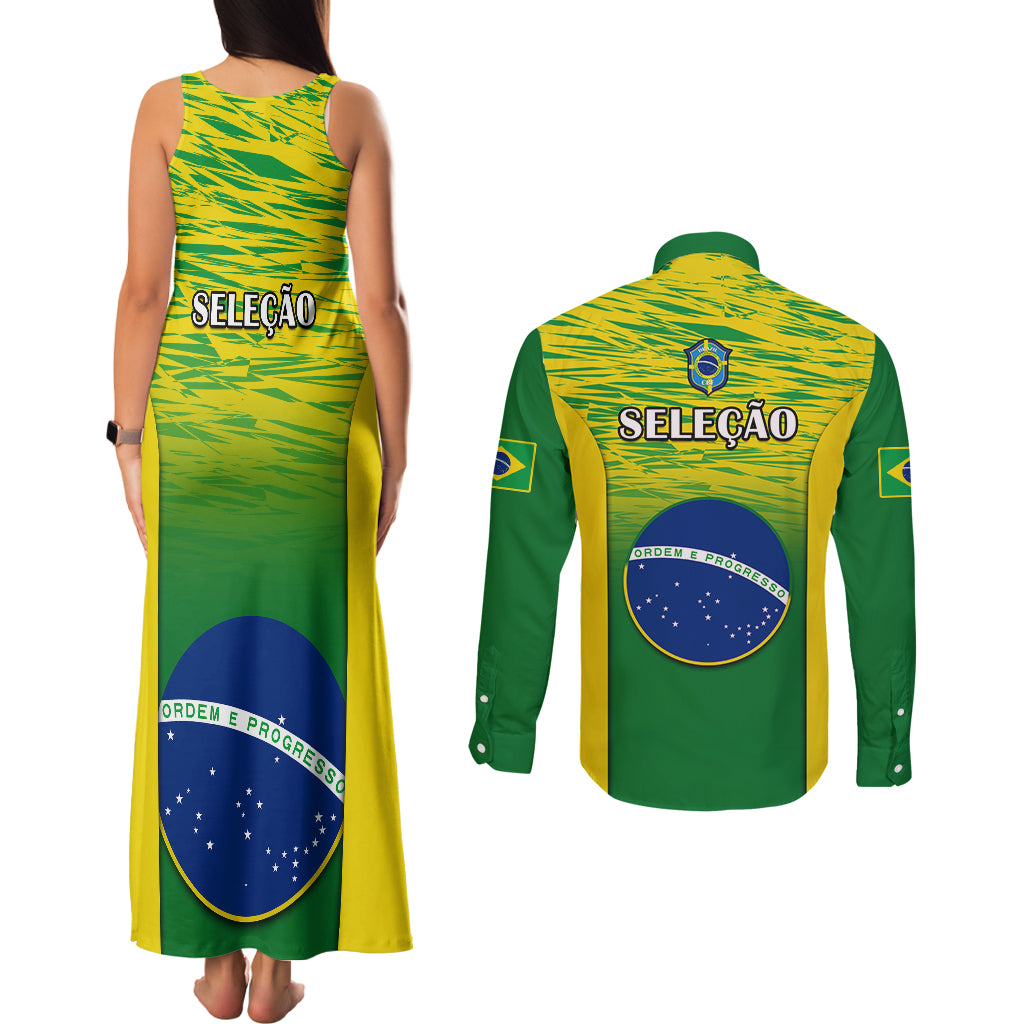 Brazil Football Couples Matching Tank Maxi Dress and Long Sleeve Button Shirts 2023 World Cup Go Selecao Gradient Style - Wonder Print Shop