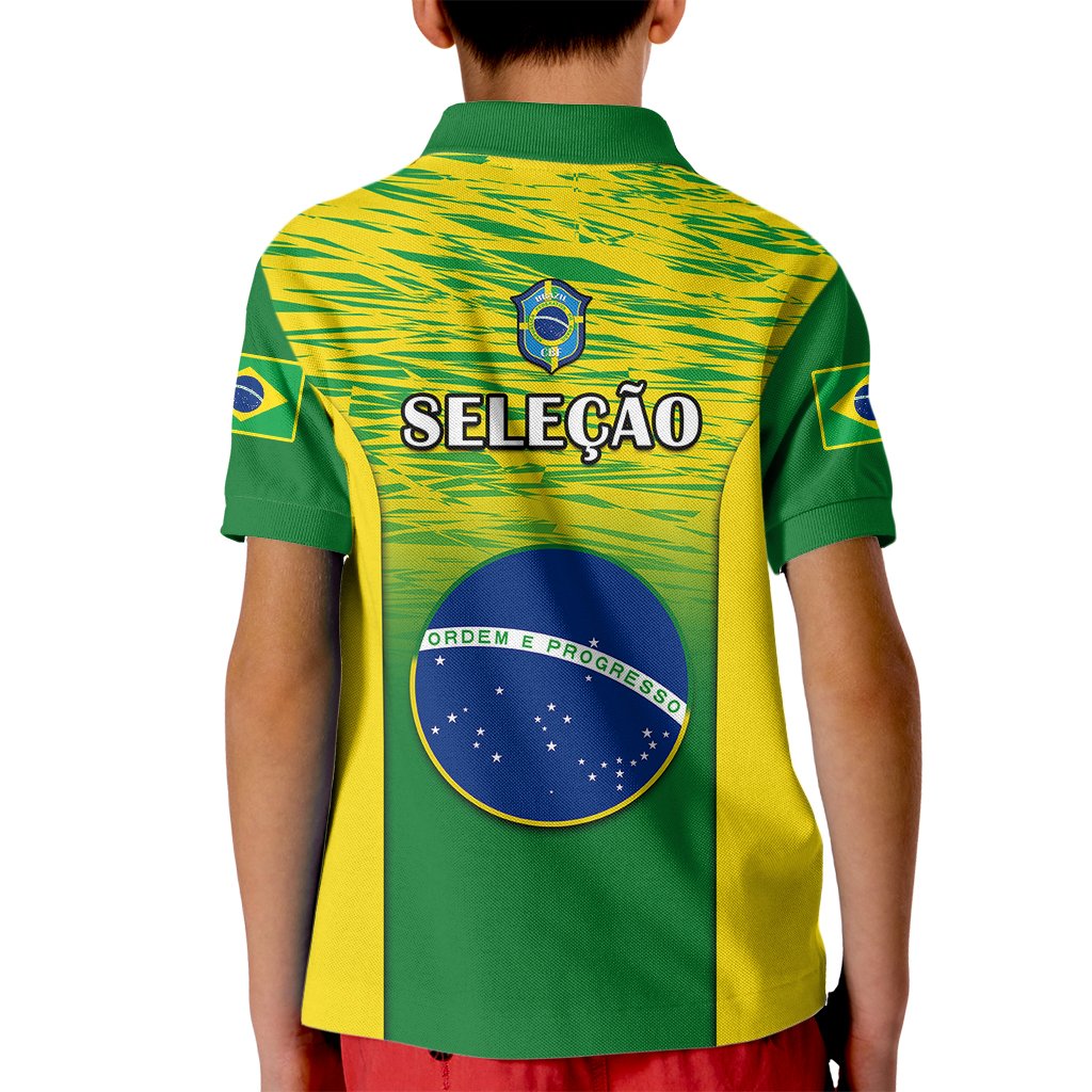 Brazil kid polo shirt with green-yellow gradient, Selecao and flag graphics