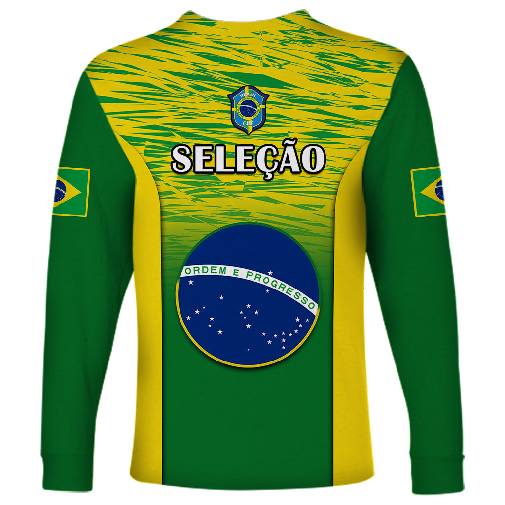 Brazil long sleeve football shirt, green and yellow with crest and flag graphic