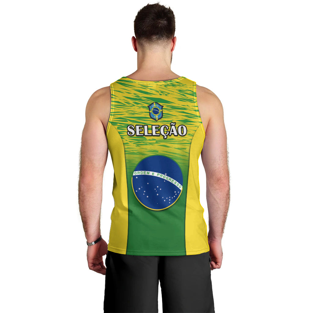 Brazil men's tank top with green, yellow, and blue back graphic