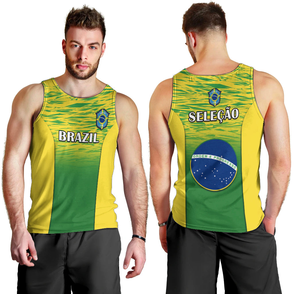 Men's Brazil tank top with green and yellow gradient, front and back views
