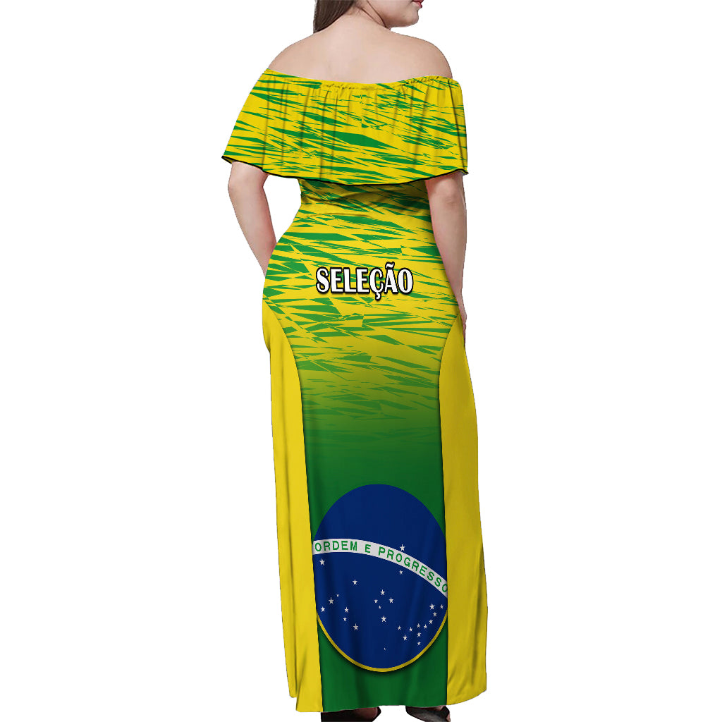 Off-shoulder maxi dress with Brazil flag graphic, green and yellow, back view