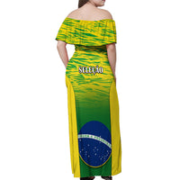 Off-shoulder maxi dress with Brazil flag graphic, green and yellow, back view