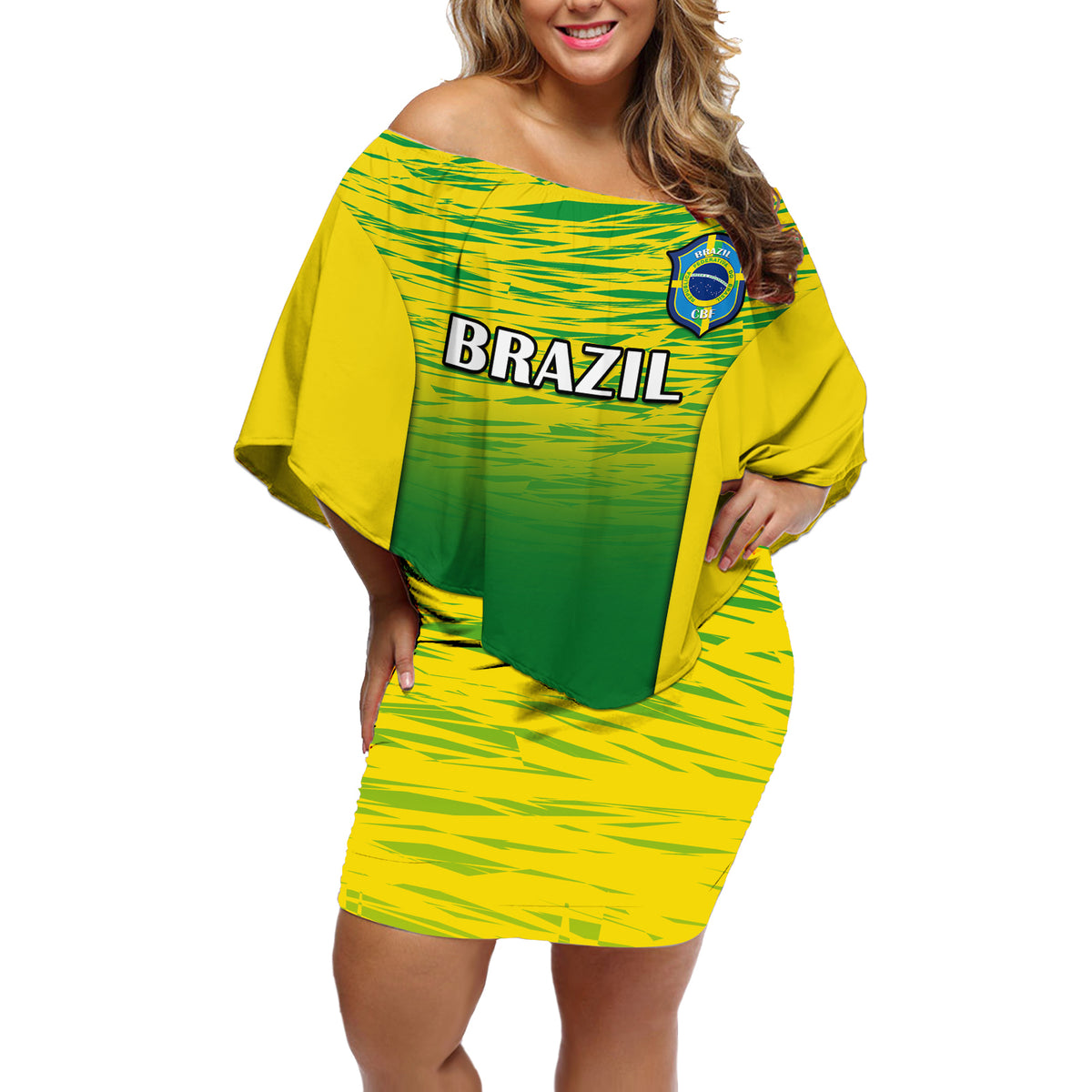 Brazil Football Off Shoulder Short Dress 2023 World Cup Go Selecao Gradient Style - Wonder Print Shop