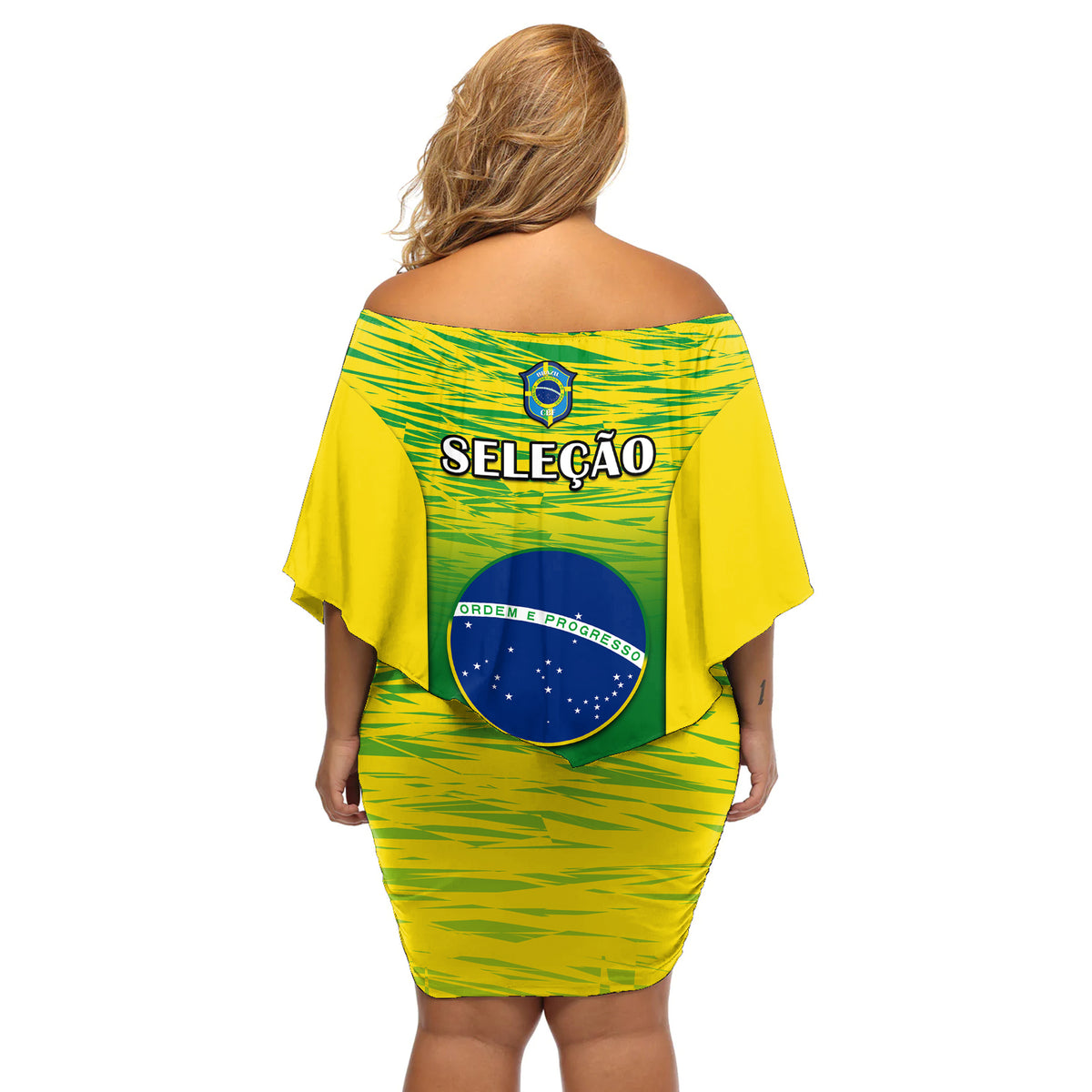 Backless off-shoulder short dress with Brazil shield logo and 'SELECAO' text print