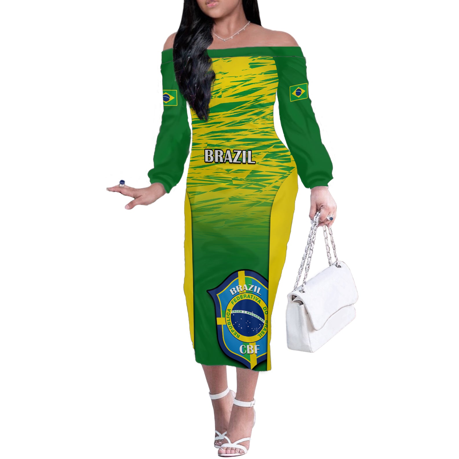 Brazil Football Off The Shoulder Long Sleeve Dress 2023 World Cup Go Selecao Gradient Style - Wonder Print Shop