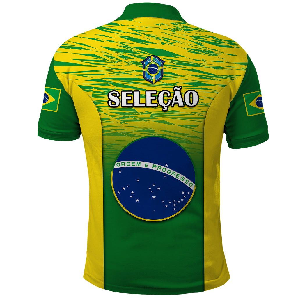 Football polo shirt with yellow-green gradient, button collar, SELECAO text and Brazil crest