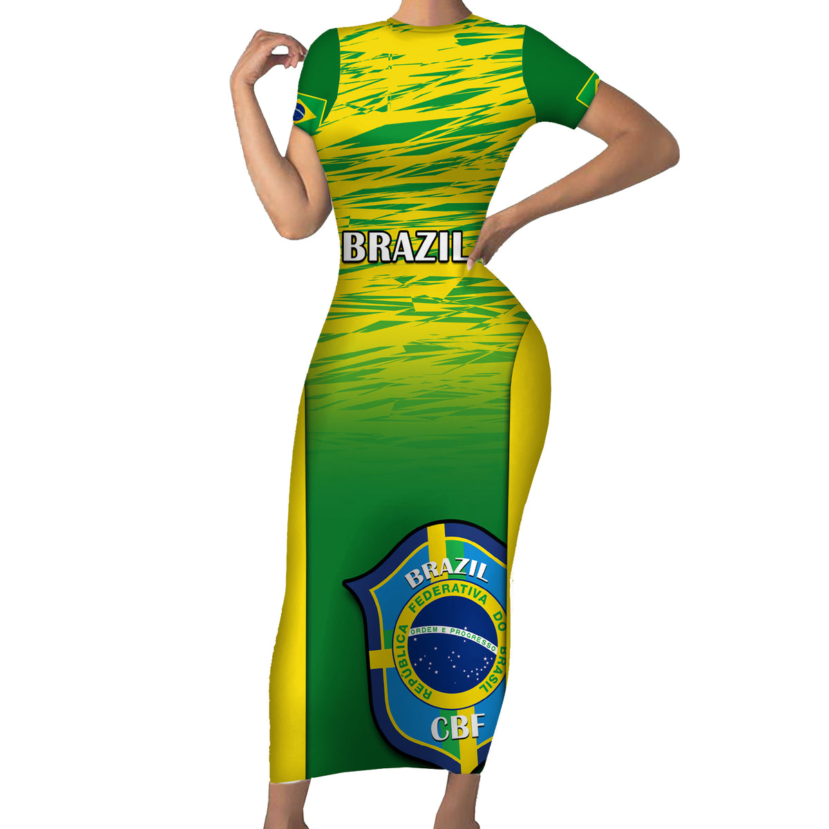Brazil Football Short Sleeve Bodycon Dress 2023 World Cup Go Selecao Gradient Style - Wonder Print Shop