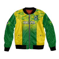 Unisex Brazil gradient bomber jacket, green-yellow satin, zip front, Brazil logo.