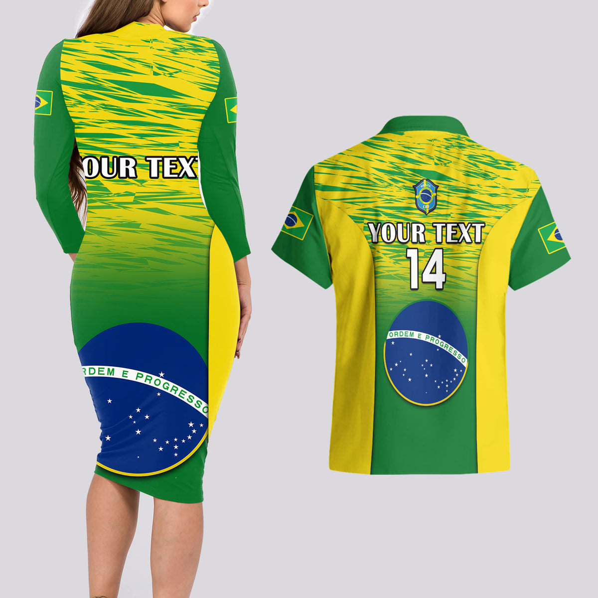 Brazil gradient bodycon long-sleeve dress and matching Hawaiian shirt with back print