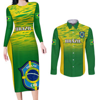 Custom Brazil Football Couples Matching Long Sleeve Bodycon Dress and Long Sleeve Button Shirts 2023 World Cup Go Selecao Gradient Style - Wonder Print Shop