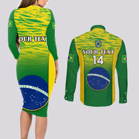 Custom Brazil Football Couples Matching Long Sleeve Bodycon Dress and Long Sleeve Button Shirts 2023 World Cup Go Selecao Gradient Style - Wonder Print Shop