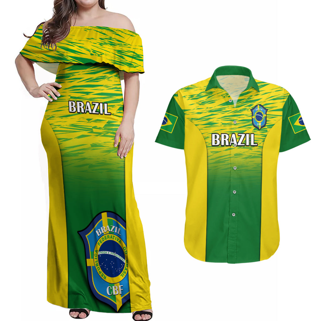 Custom Brazil Football Couples Matching Off Shoulder Maxi Dress and Hawaiian Shirt 2023 World Cup Go Selecao Gradient Style - Wonder Print Shop