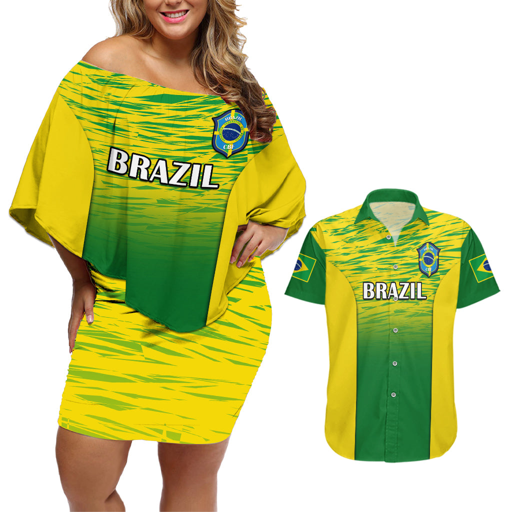 Custom Brazil Football Couples Matching Off Shoulder Short Dress and Hawaiian Shirt 2023 World Cup Go Selecao Gradient Style - Wonder Print Shop