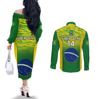 Brazil gradient off-shoulder dress and shirt back, green/yellow with 'YOUR TEXT 14'