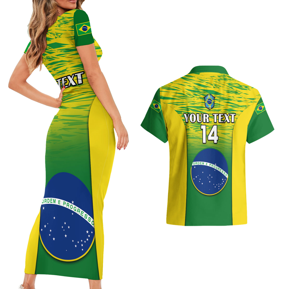 Matching Brazil gradient bodycon dress and Hawaiian shirt set, back prints with 'YOUR TEXT' and 14