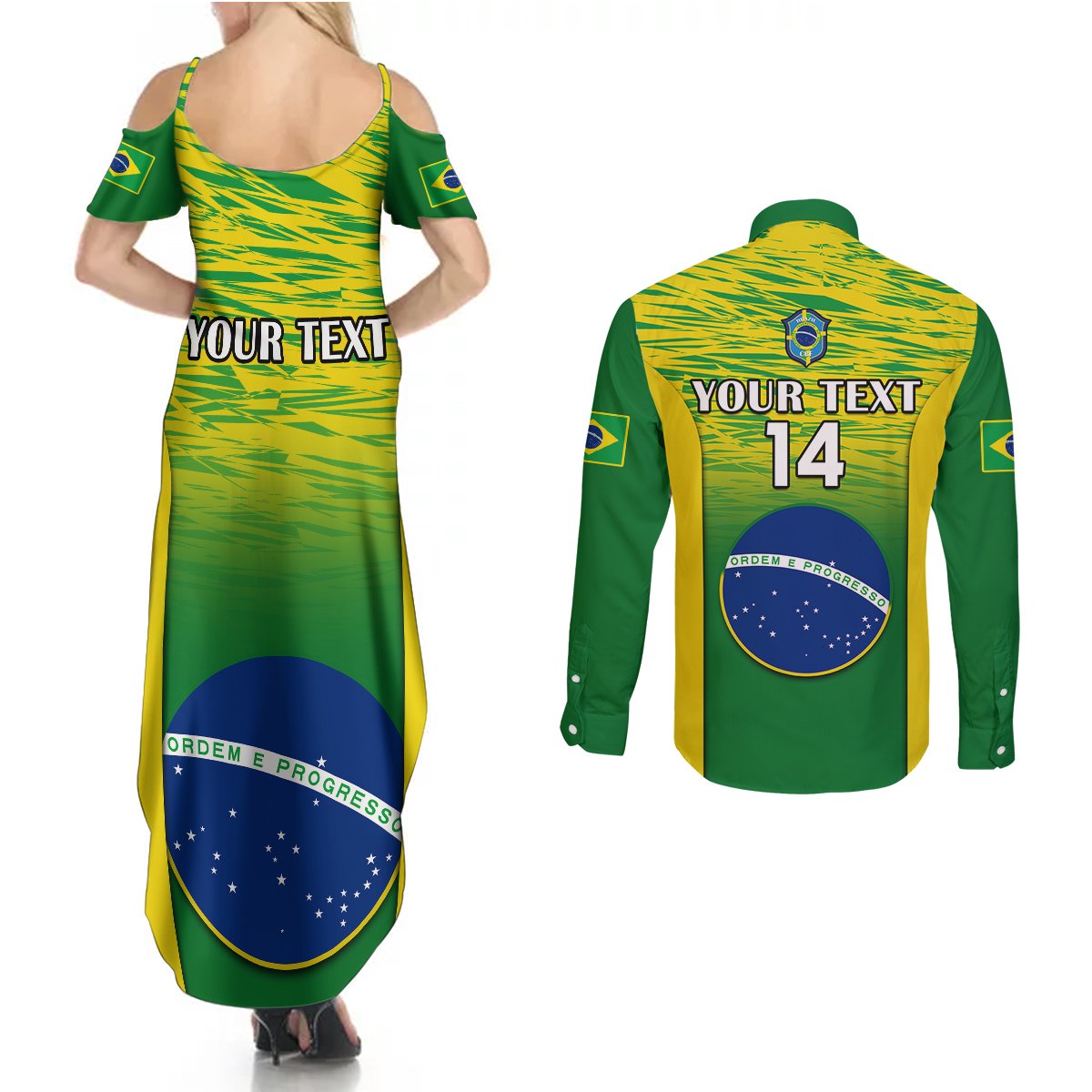 Brazil-style gradient green maxi dress back with YOUR TEXT print and matching shirt