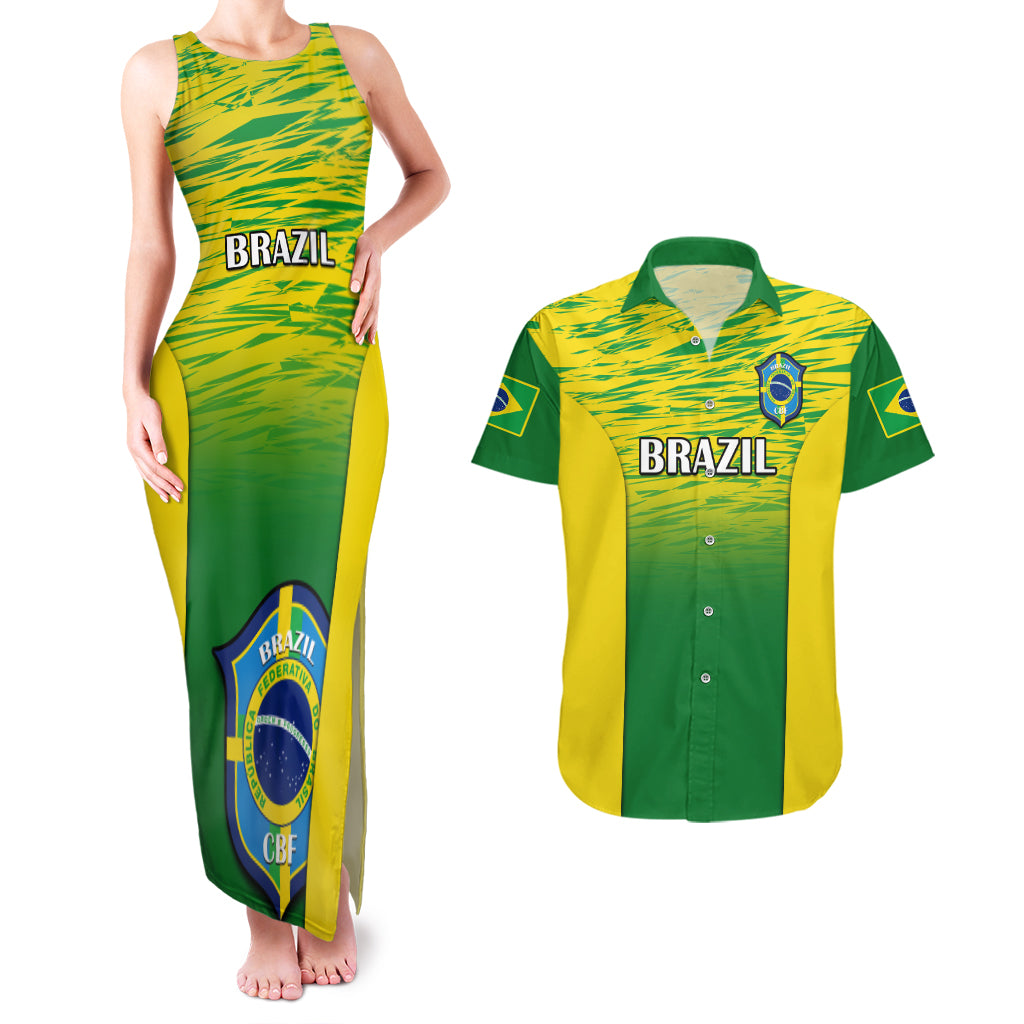 Custom Brazil Football Couples Matching Tank Maxi Dress And Hawaiian Shirt 2023 World Cup Go Selecao Gradient Style - Wonder Print Shop