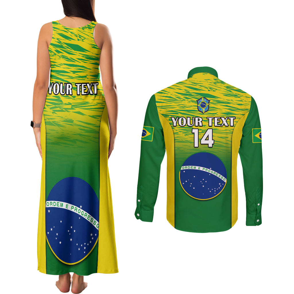 Green maxi tank dress and long-sleeve button shirt set with back 'YOUR TEXT 14' print, crest