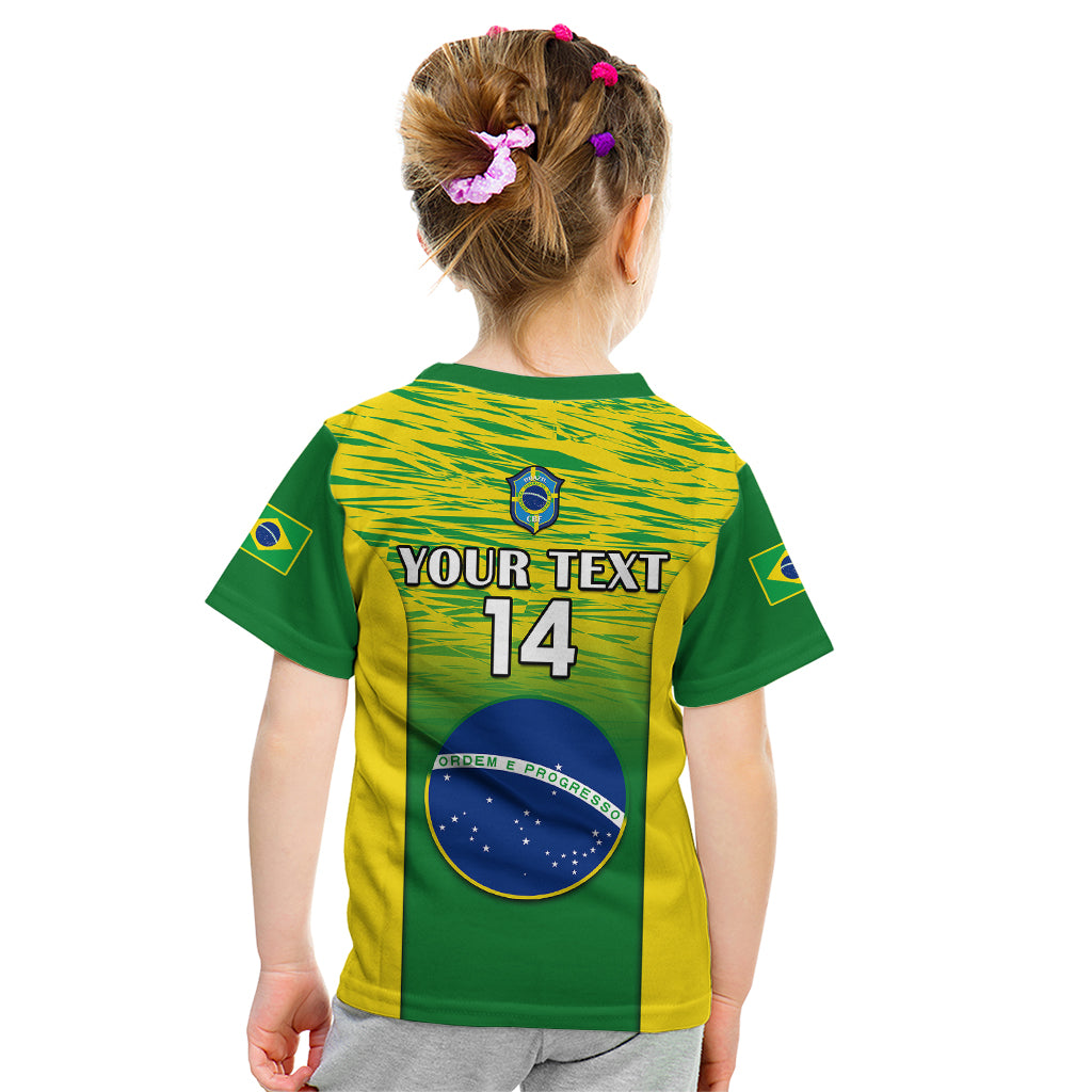 Kids soccer T-shirt back: green/yellow gradient with crest, 'YOUR TEXT 14' and badge