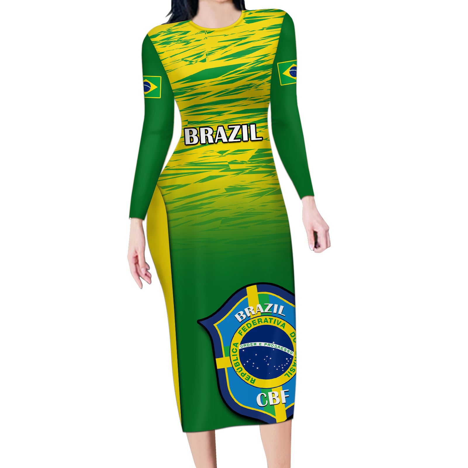 Custom Brazil Football Long Sleeve Bodycon Dress 2023 World Cup Go Selecao Gradient Style - Wonder Print Shop