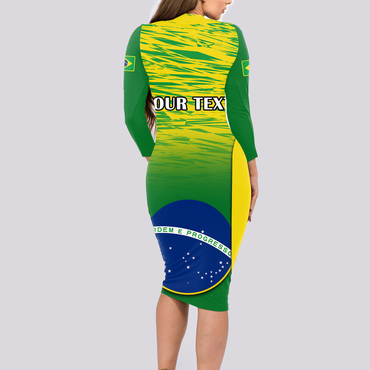 Green long-sleeve bodycon dress with Brazil text and gradient back print, midi