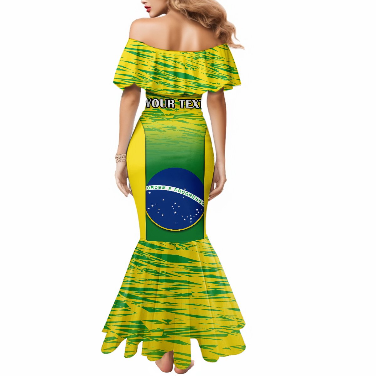 Green and yellow off-shoulder mermaid maxi dress with Brazil crest and partial text