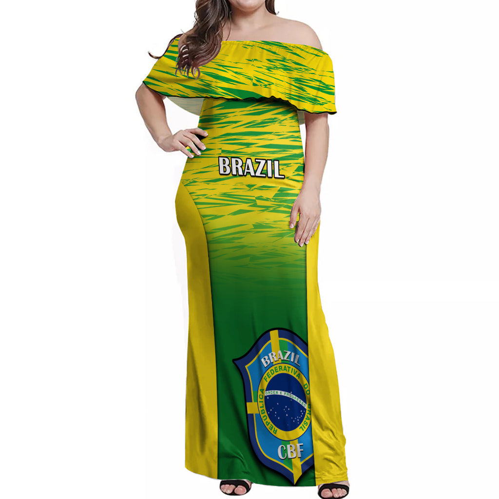 Custom Brazil Football Off Shoulder Maxi Dress 2023 World Cup Go Selecao Gradient Style - Wonder Print Shop