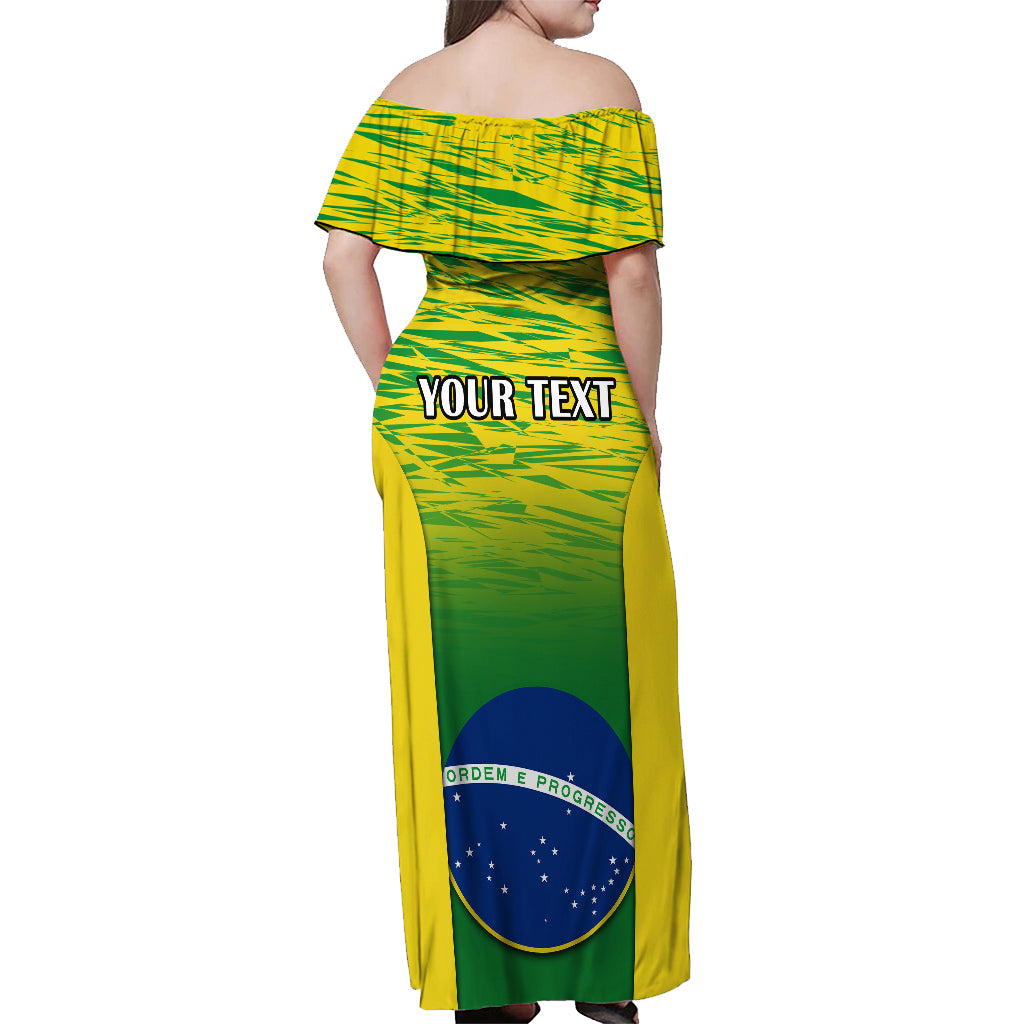 Green off-shoulder maxi dress with Brazil flag graphic, yellow-green gradient, short sleeves