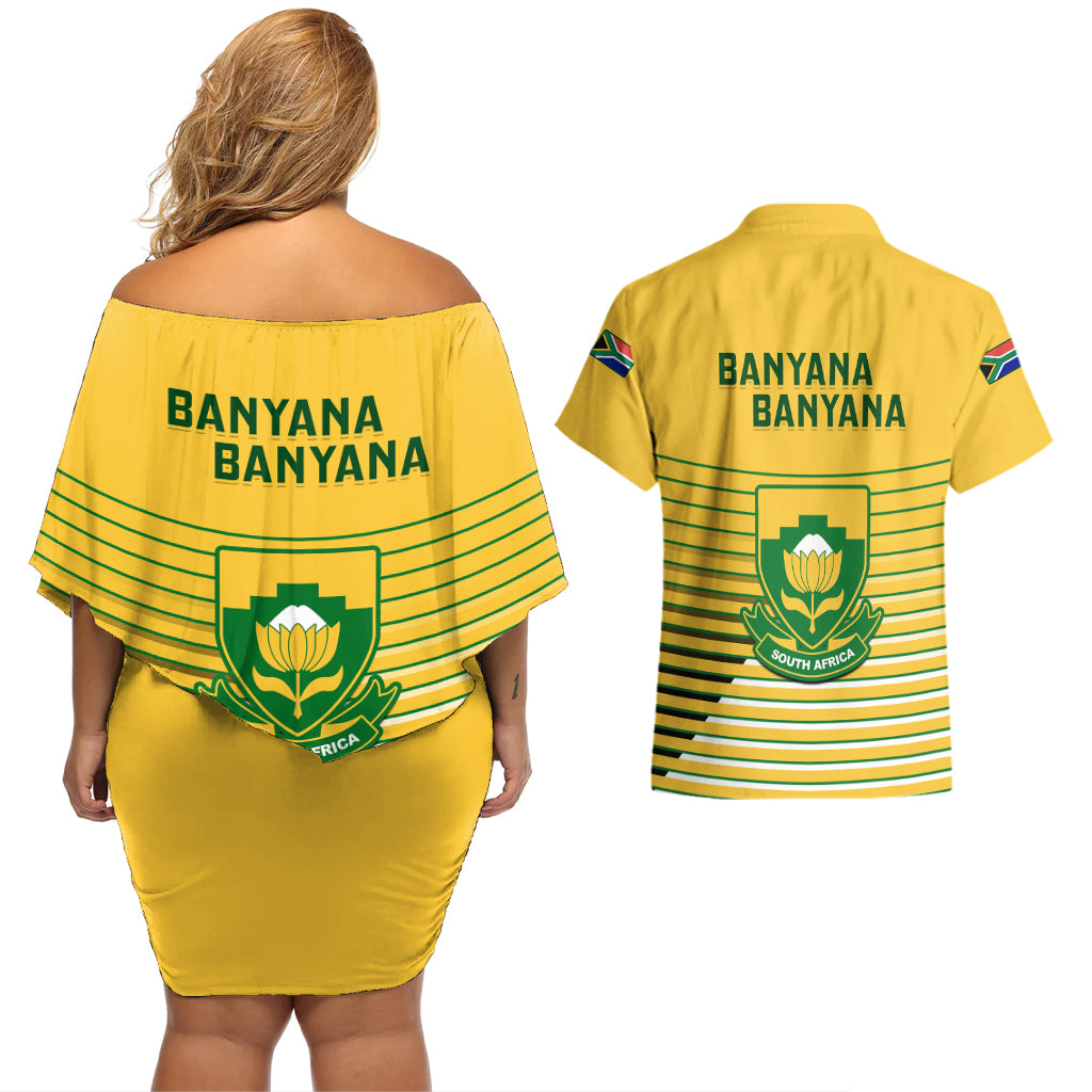 South Africa Soccer Couples Matching Off Shoulder Short Dress and Hawaiian Shirt 2023 World Cup Go Banyana Banyana Yellow - Wonder Print Shop