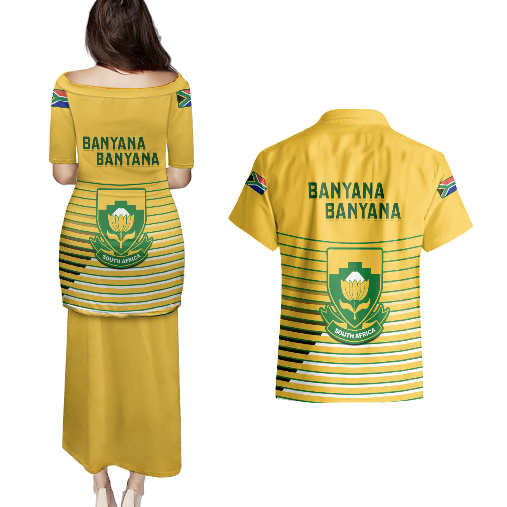 South Africa Soccer Couples Matching Puletasi Dress and Hawaiian Shirt 2023 World Cup Go Banyana Banyana Yellow - Wonder Print Shop