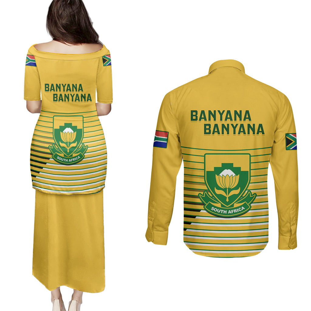 South Africa Soccer Couples Matching Puletasi Dress and Long Sleeve Button Shirts 2023 World Cup Go Banyana Banyana Yellow - Wonder Print Shop