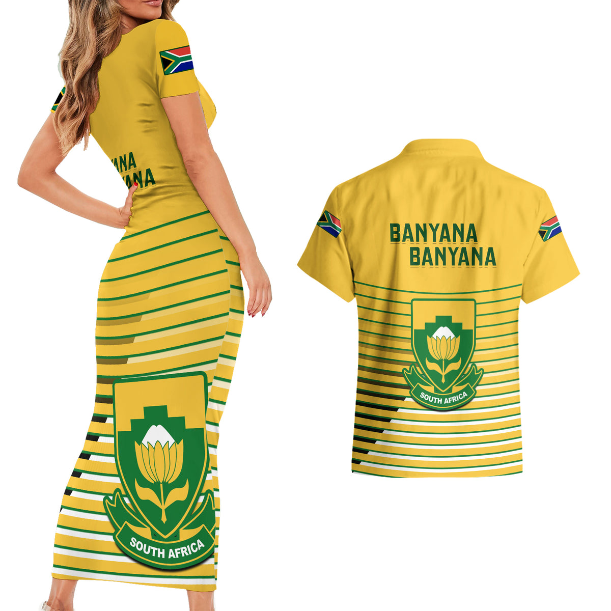 South Africa Soccer Couples Matching Short Sleeve Bodycon Dress and Hawaiian Shirt 2023 World Cup Go Banyana Banyana Yellow - Wonder Print Shop