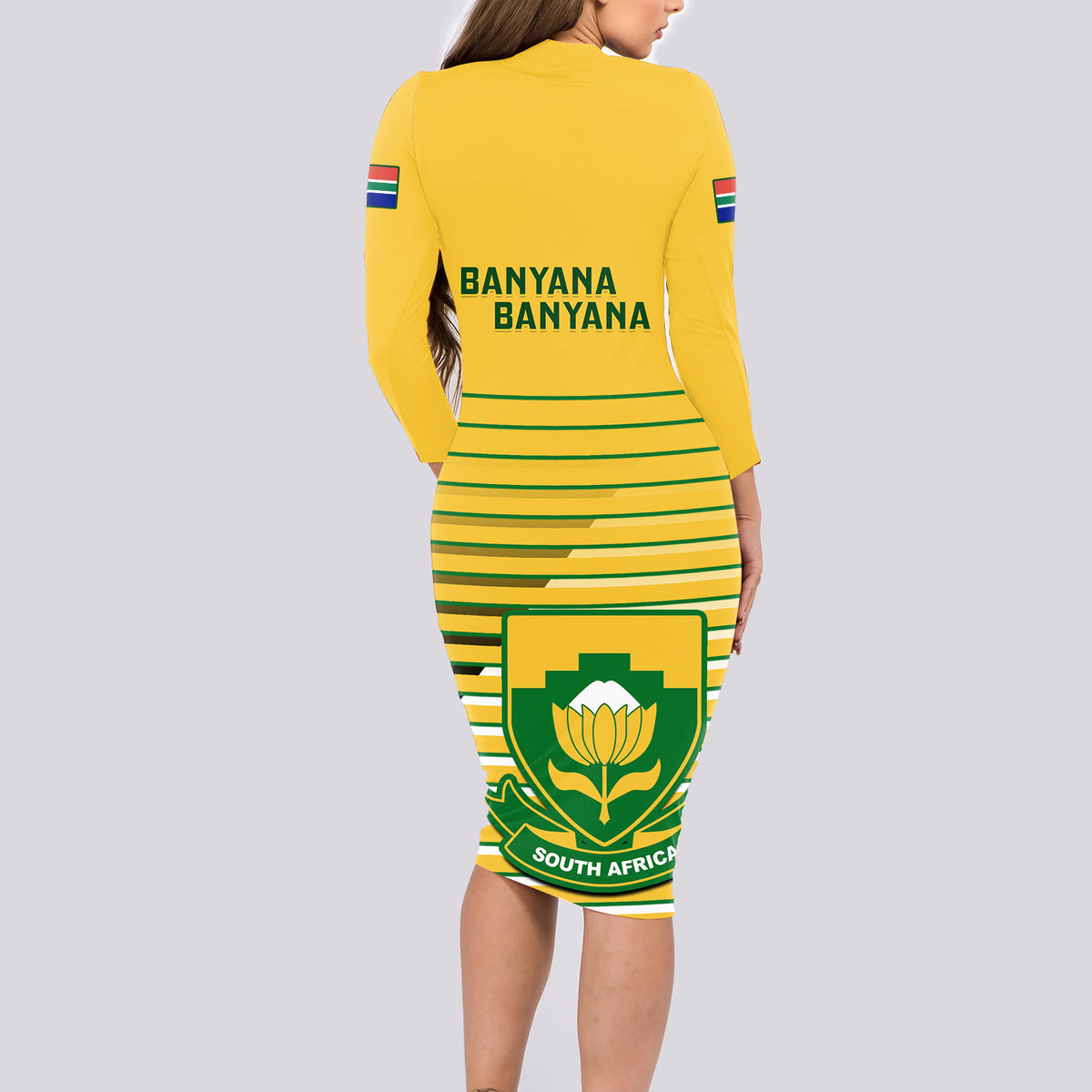 South Africa Soccer Long Sleeve Bodycon Dress 2023 World Cup Go Banyana Banyana Yellow - Wonder Print Shop
