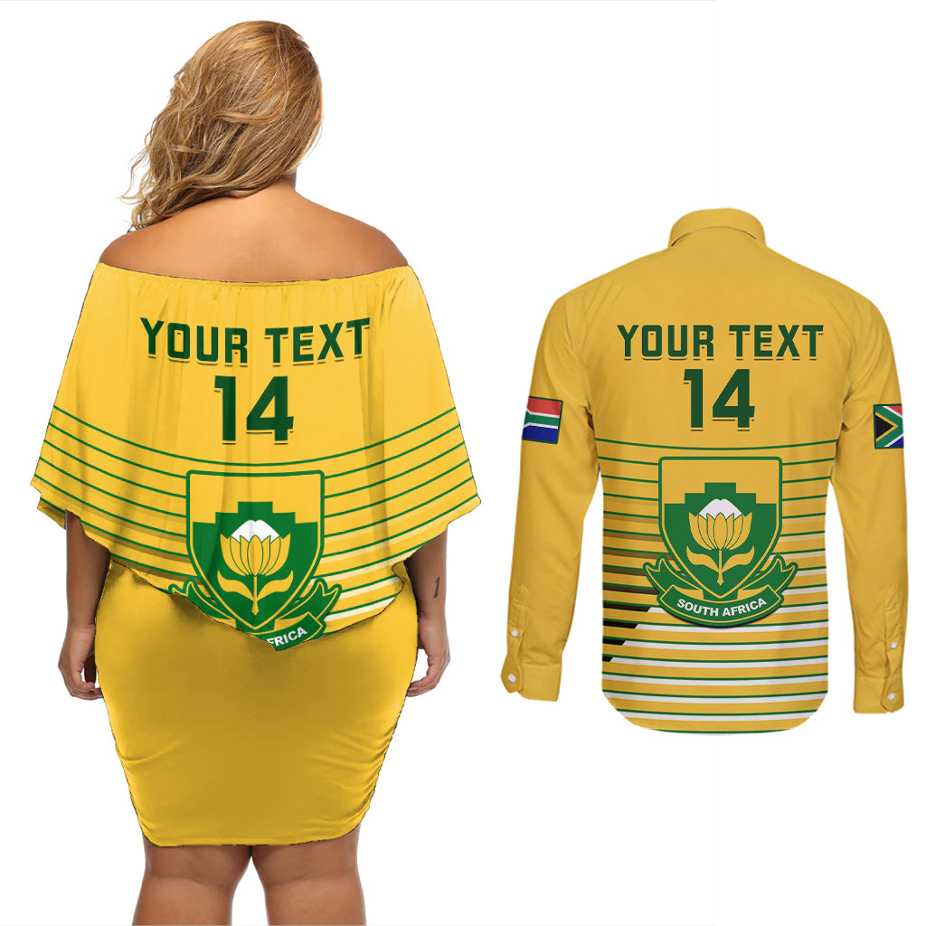 Custom South Africa Soccer Couples Matching Off Shoulder Short Dress and Long Sleeve Button Shirts 2023 World Cup Go Banyana Banyana Yellow - Wonder Print Shop
